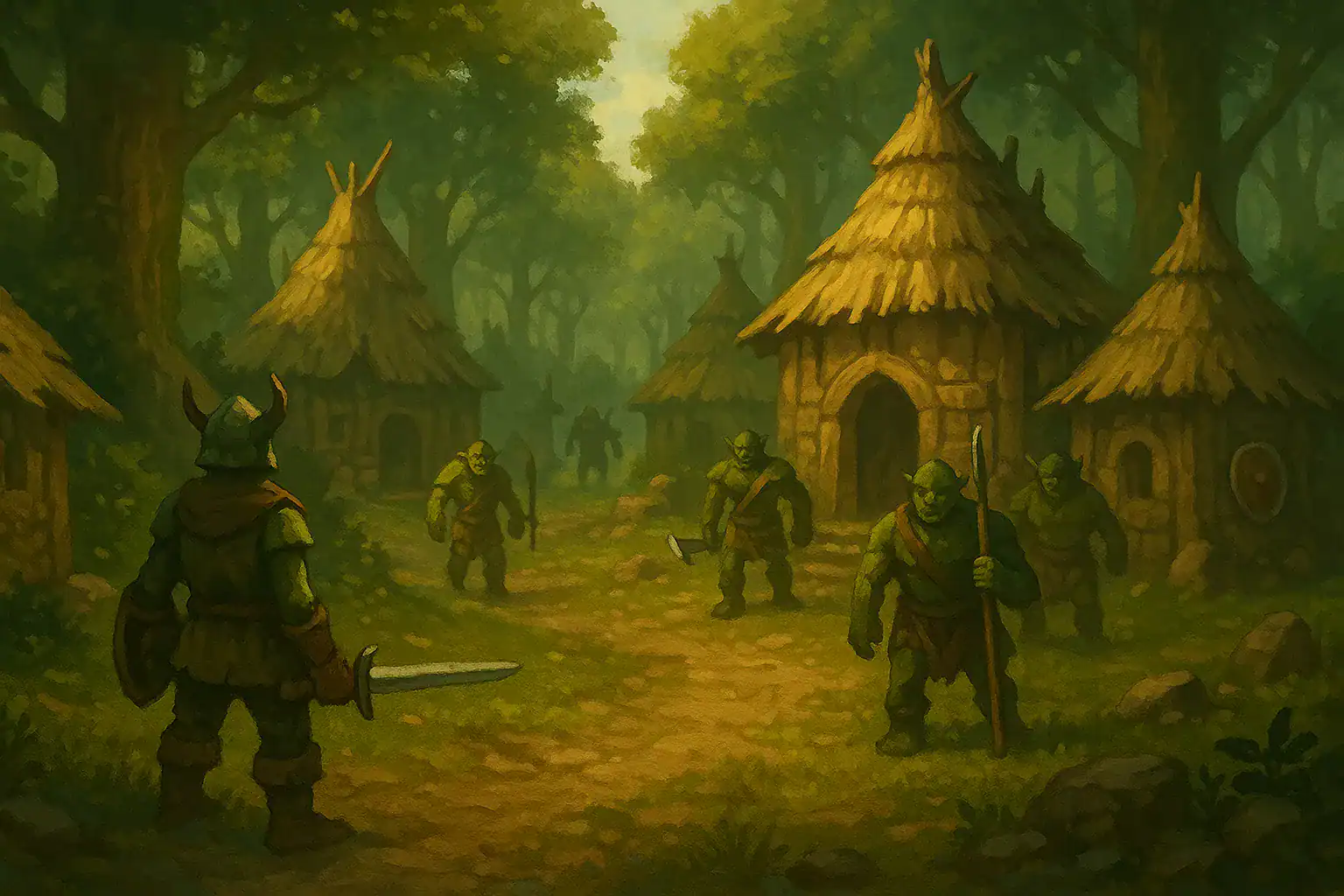 Alt: Gra 2D MMORPG, orki w lesie, pixele, misje, przedmioty, craft, styl fantasy.