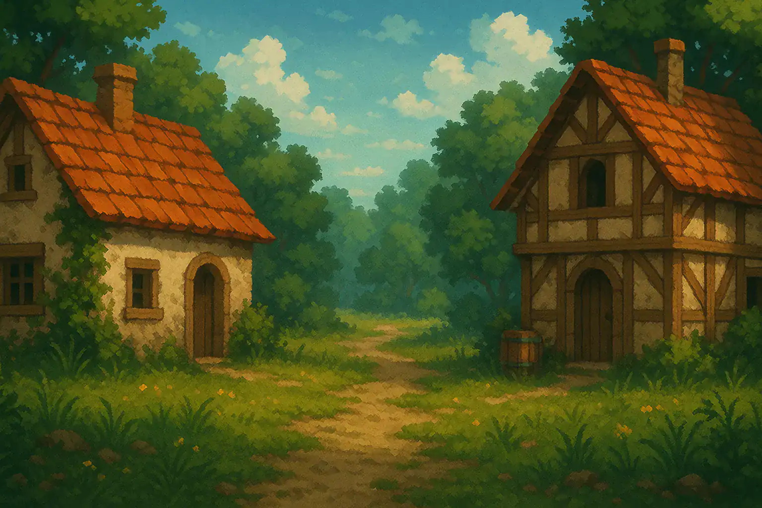 Alt: Scena w pixel art z dwoma domami w leśnym otoczeniu w stylu fantasy MMORPG.