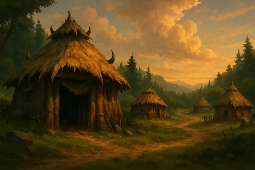 Chaty w środku lasu w pixel art style, idealne do gier MMORPG typu fantasy.