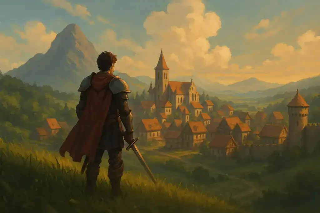 Alt tekst: Bohater w średniowiecznym klimacie, patrzący na malownicze miasteczko z zamkiem i górami w tle.
