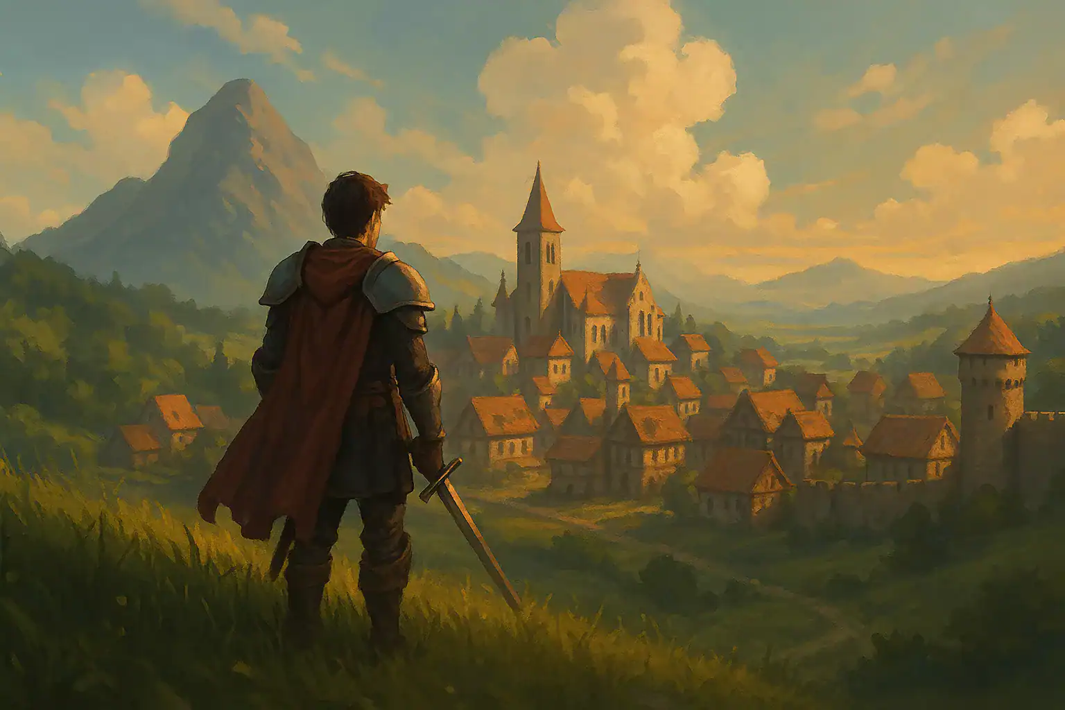 Alt tekst: Bohater w średniowiecznym klimacie, patrzący na malownicze miasteczko z zamkiem i górami w tle.