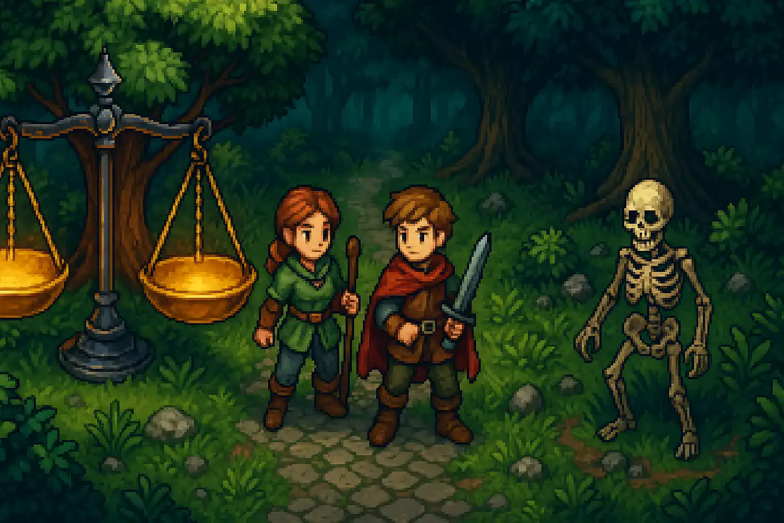 Alt: Postacie w lesie, rycerz i czarodziej obok szkieleta, pixel art.