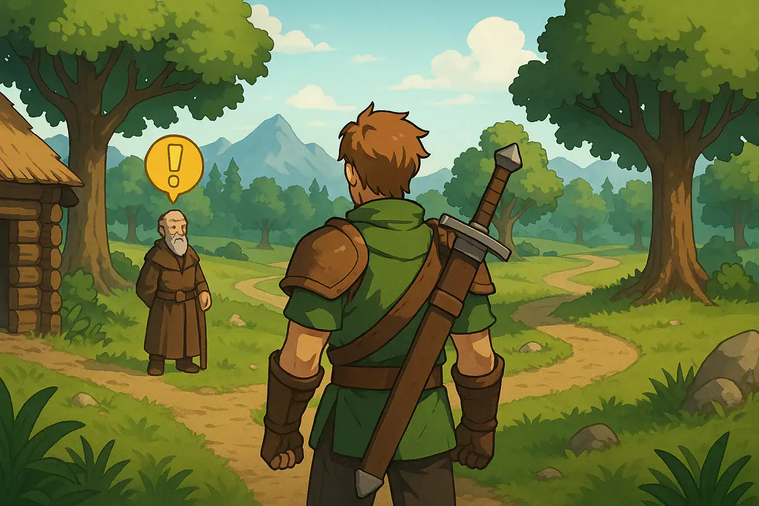 Tekst alt: Postać z bronią na tle lasu i chaty w grze MMORPG o tematyce fantasy.