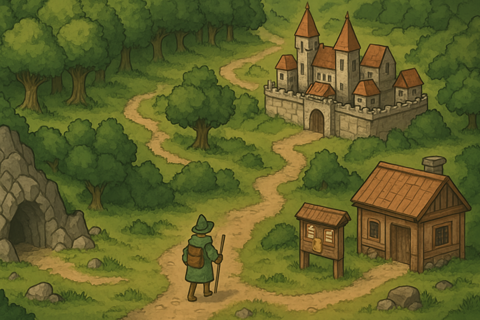 Okładka wpisu o 2000s MMORPG games: mapa krainy i postać w drodze przez fantasy świat