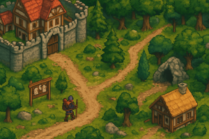 Okładka wpisu o 2d isometric mmorpg - mapa fantasy w widoku izometrycznym i postać w podróży
