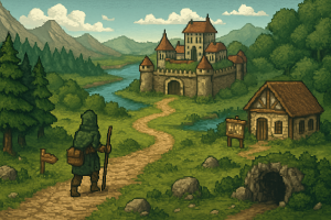 Ilustracja okładkowa: mapa krainy w klimacie 2D MMORPG open world z postacią w drodze przez las i podziemia