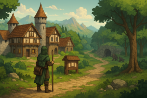 Okładka wpisu o darmowych grach online MMORPG po polsku - fantasy krajobraz z podróżnikiem i mapą krain