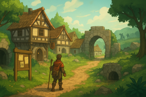 Okładka artykułu o darmowych MMORPG po polsku – fantasy krajobraz z drogą do miasta i podziemi