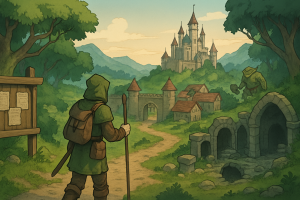 Ilustracja okładki w klimacie MMORPG fantasy 2D: mapa krainy, miasto i las w poziomej kompozycji 16:9
