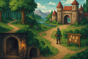 Okładka: fantasy świat MMORPG 2D z postacią w podróży, miastem i lokacjami do eksploracji