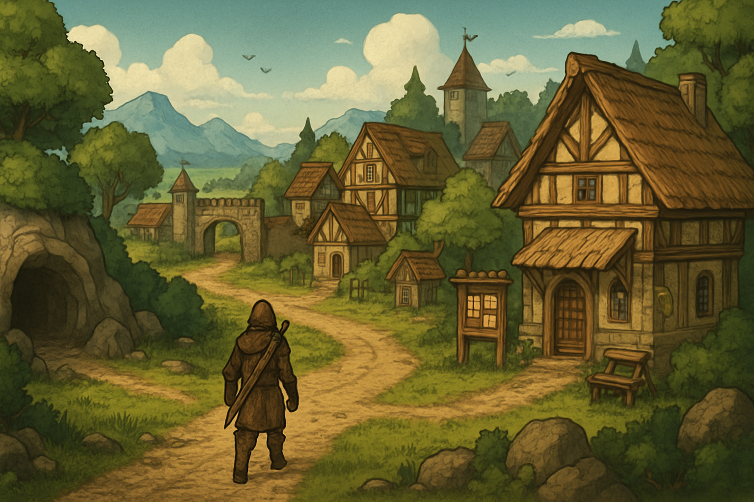 Mapa krainy w stylu fantasy do darmowego MMORPG 2D z questami po polsku