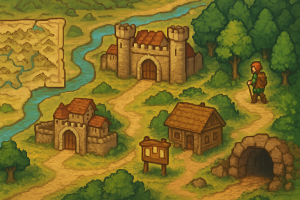 Ilustracja okładki: fantasy świat MMORPG 2D z mapą krainy i postacią w podróży