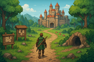 Okładka: fantasy świat w stylu MMORPG 2D z drogą do miasteczka i lasem w tle