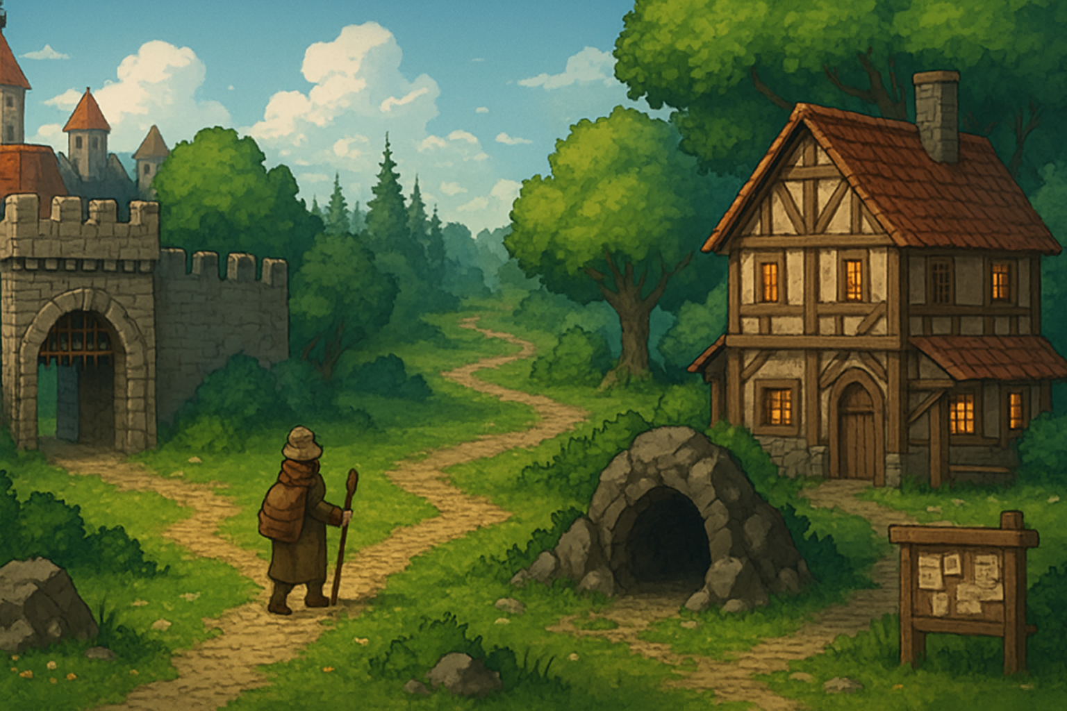 Okładka: mapa fantasy do klasycznego mmorpg 2d z miastem, lasem i przygodą