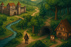Okładka wpisu o mmorpg 2d multiplayer - mapa fantasy i postać w podróży