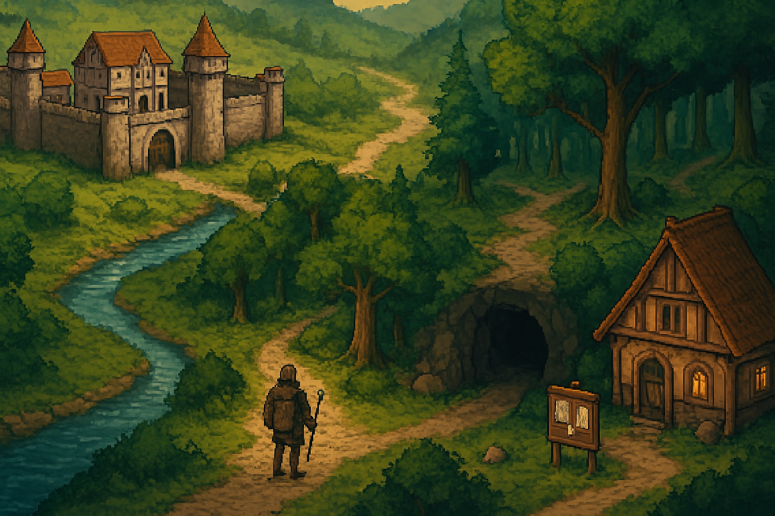 Okładka wpisu o mmorpg 2d multiplayer - mapa fantasy i postać w podróży