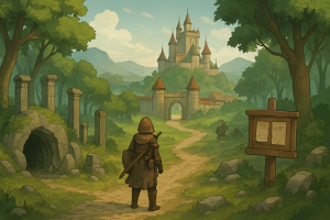 Okładka wpisu o najlepszych darmowych MMORPG 2025 w świecie fantasy, mapa krainy i podróż bohatera