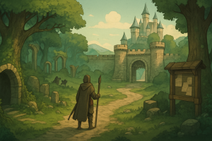 Okładka: fantasy MMORPG 2D - miasto i postać w podróży w świecie pełnym zadań i potworów