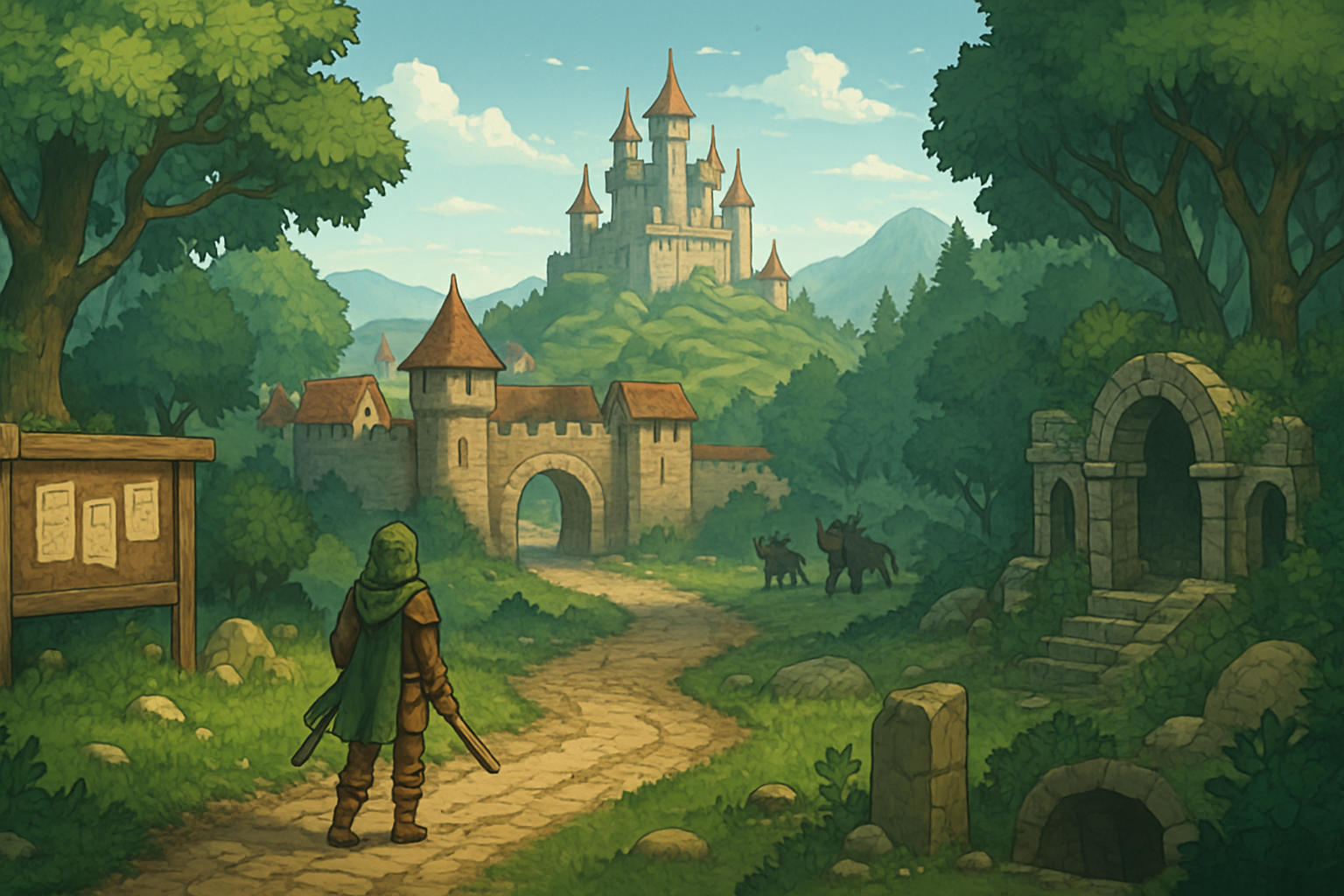 Ilustracja okładki przedstawiająca fantasy-świat z miastem, drogą i postacią w drodze