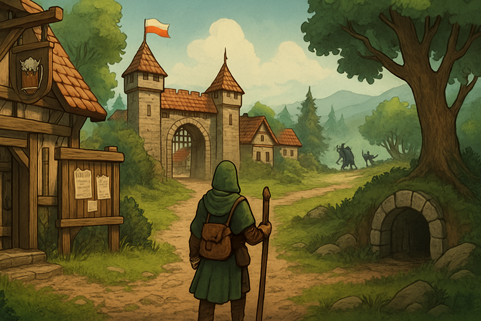 Okładka wpisu o grach MMO po polsku - fantasy mapa krainy i postać w podróży