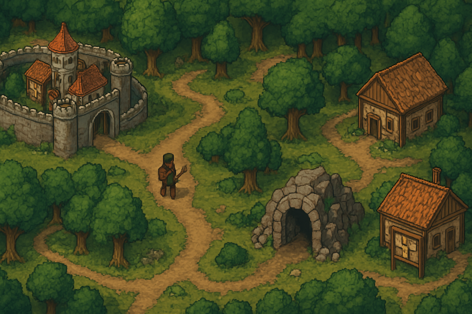 Okładka wpisu o grach MMO przeglądarkowych - fantasy mapa krainy i postać w podróży