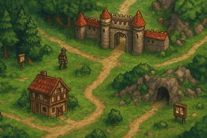 Okładka: gracz w fantasy świecie MMO na komputerze, widok izometryczny