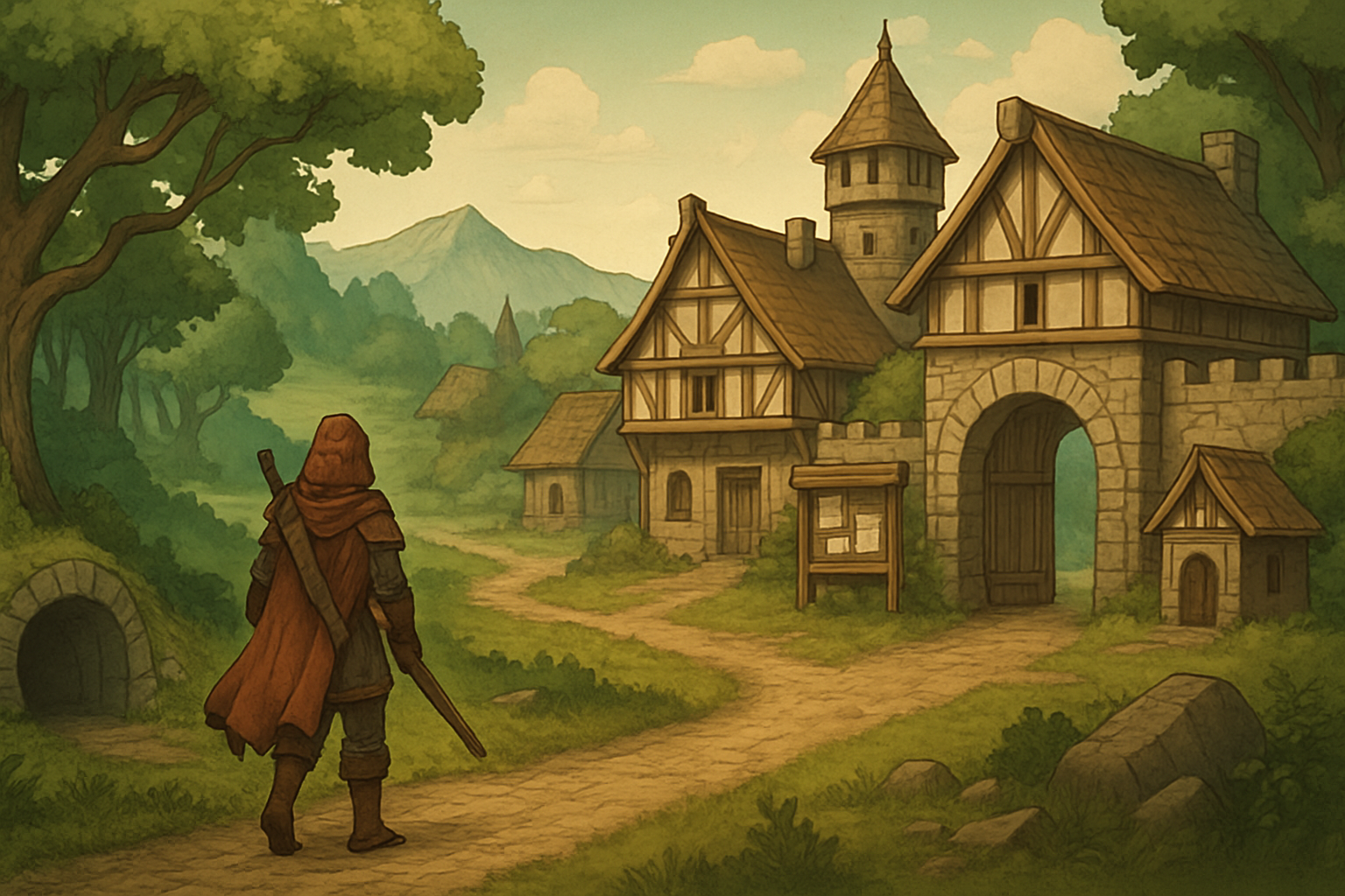 Ilustracja okładki: fantasy świat MMORPG po polsku z mapą krainy i wędrówką postaci