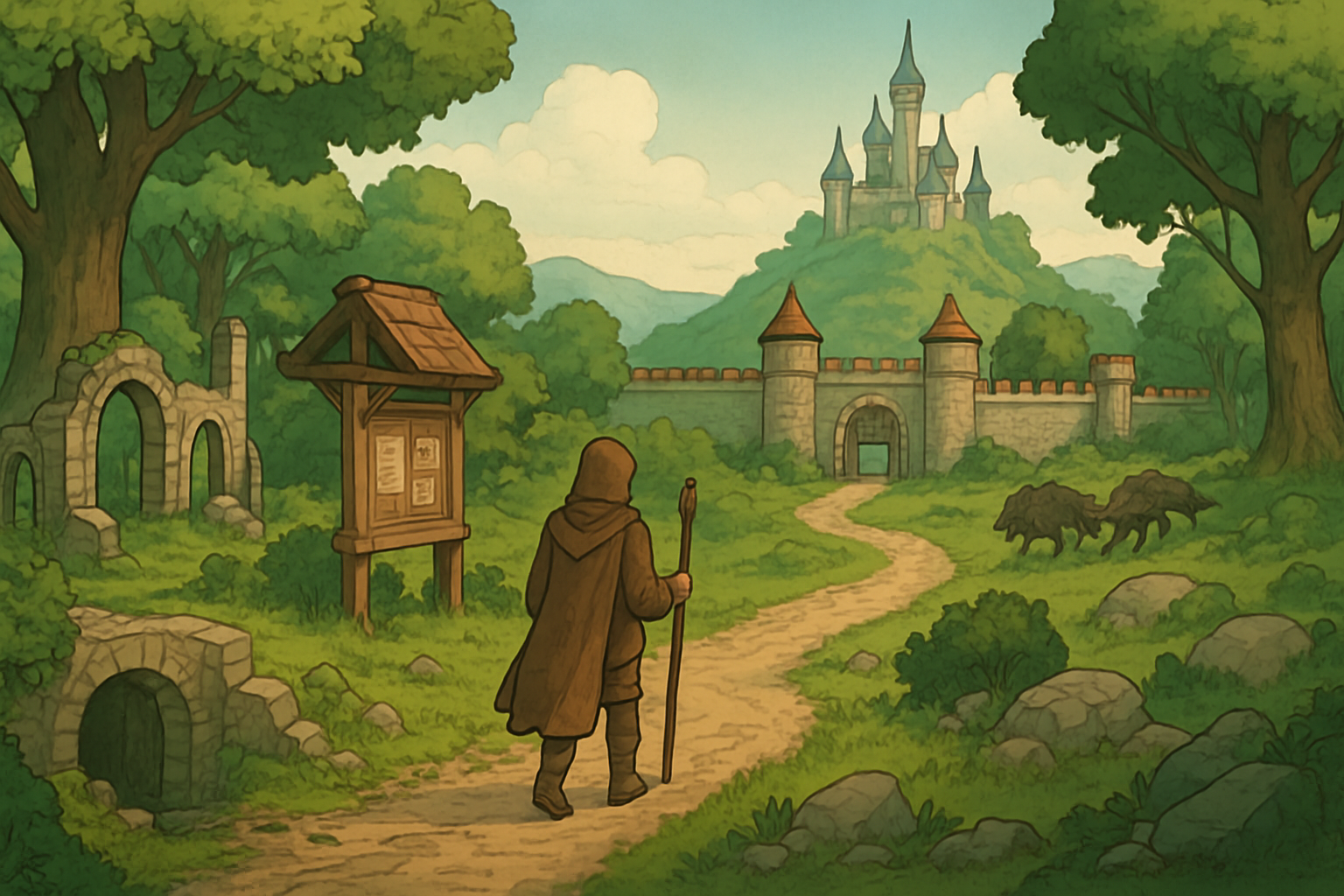 Okładka: mapa krainy MMORPG 2D w klimacie fantasy, w oddali miasto i las