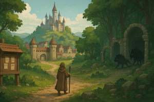 Okładka - mapa krainy fantasy z drogą prowadzącą do miasta i podziemi