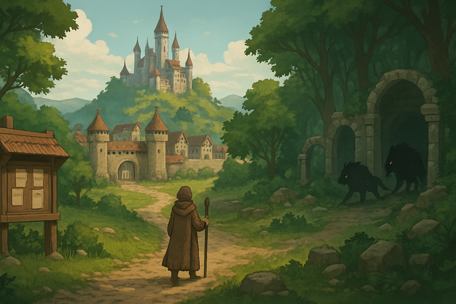 Okładka - mapa krainy fantasy z drogą prowadzącą do miasta i podziemi