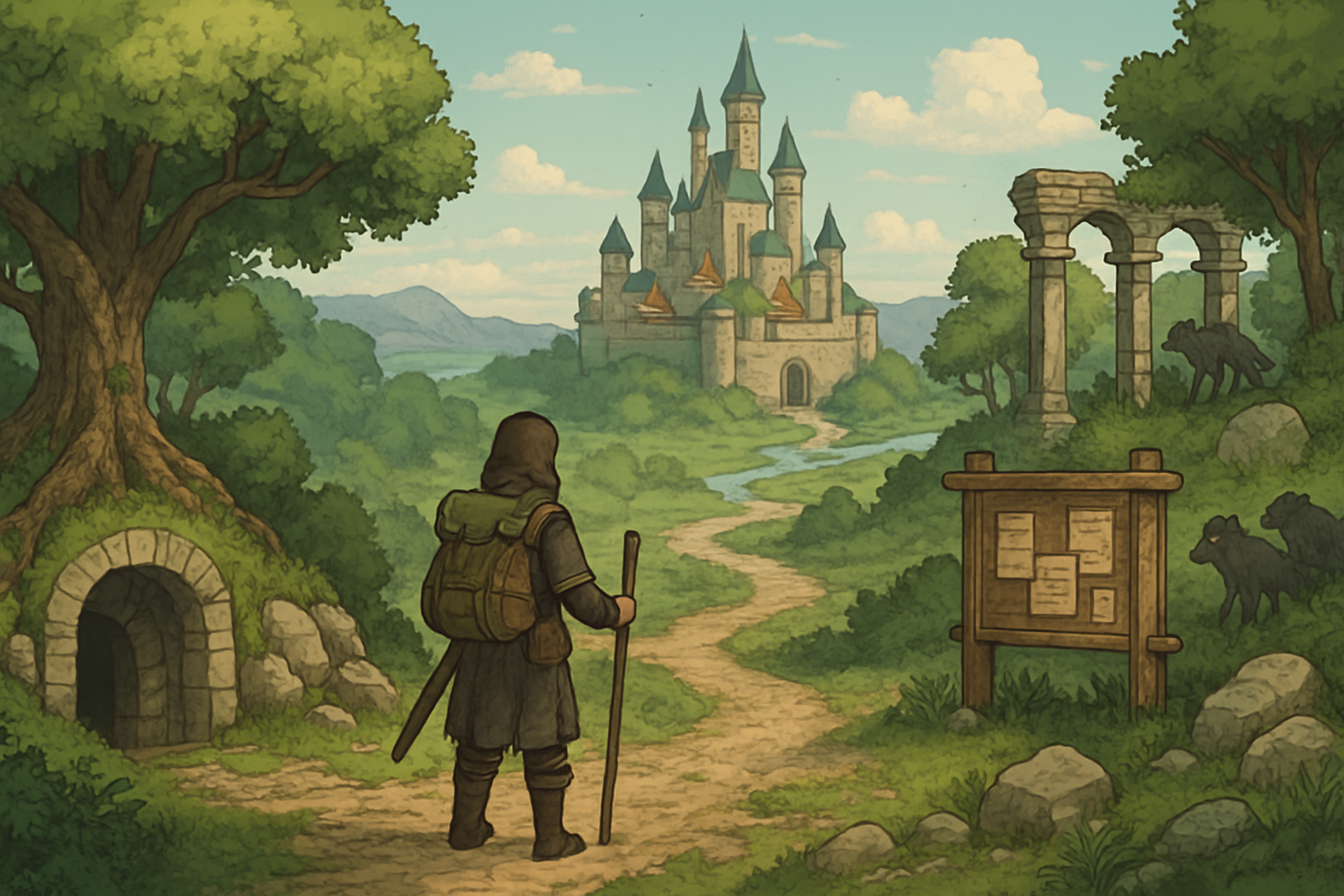 Okładka: mapa krainy w klimacie fantasy MMORPG 2D z miastem, lasem i drogą wyprawy
