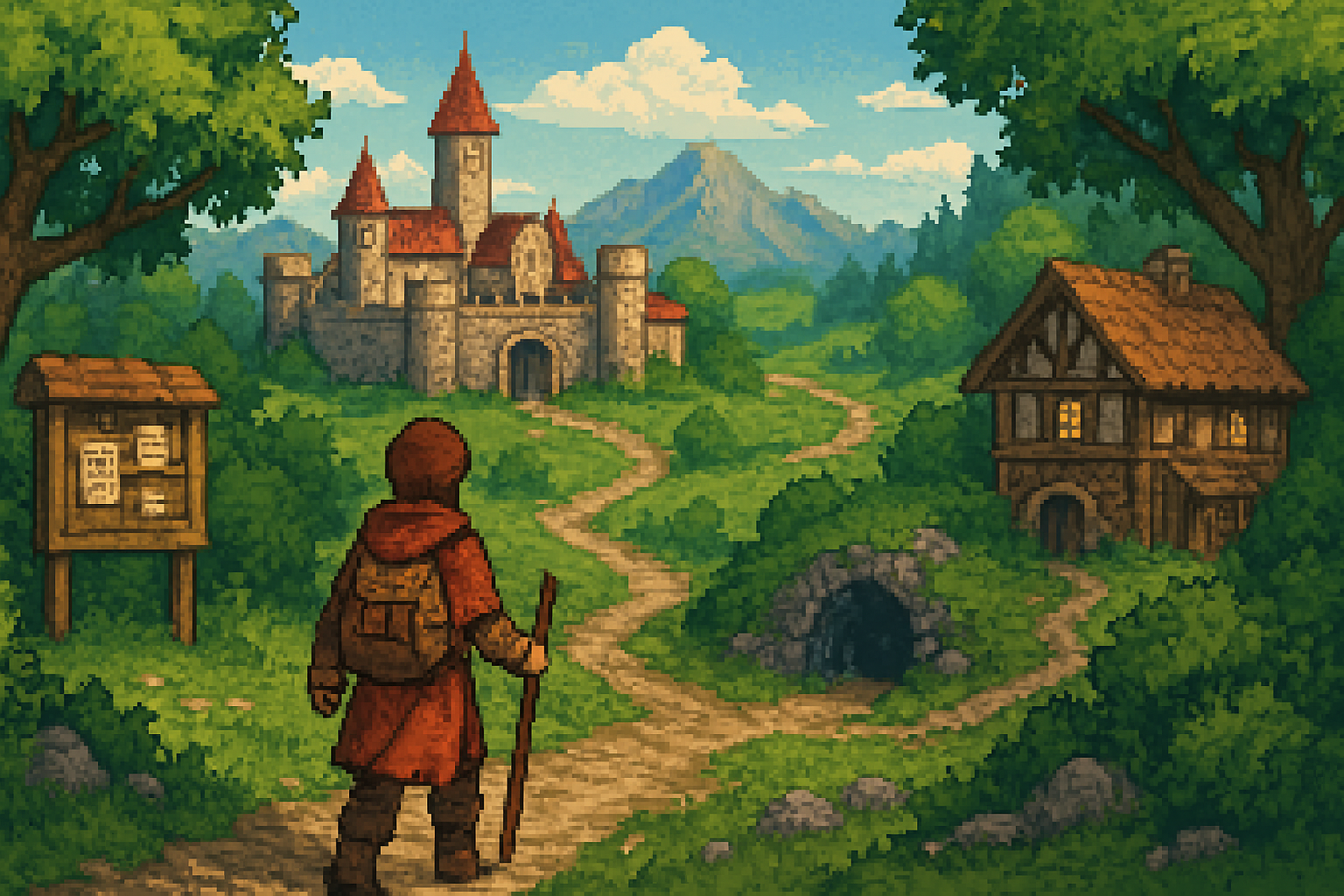 Okładka wpisu o grach MMO 2D - klimat fantasy, mapa krainy i podróż bohatera