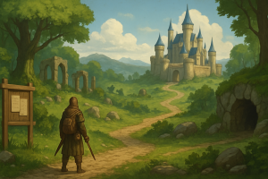 Okładka: mapę krainy fantasy w stylu MMORPG 2D, podróżnik w drodze