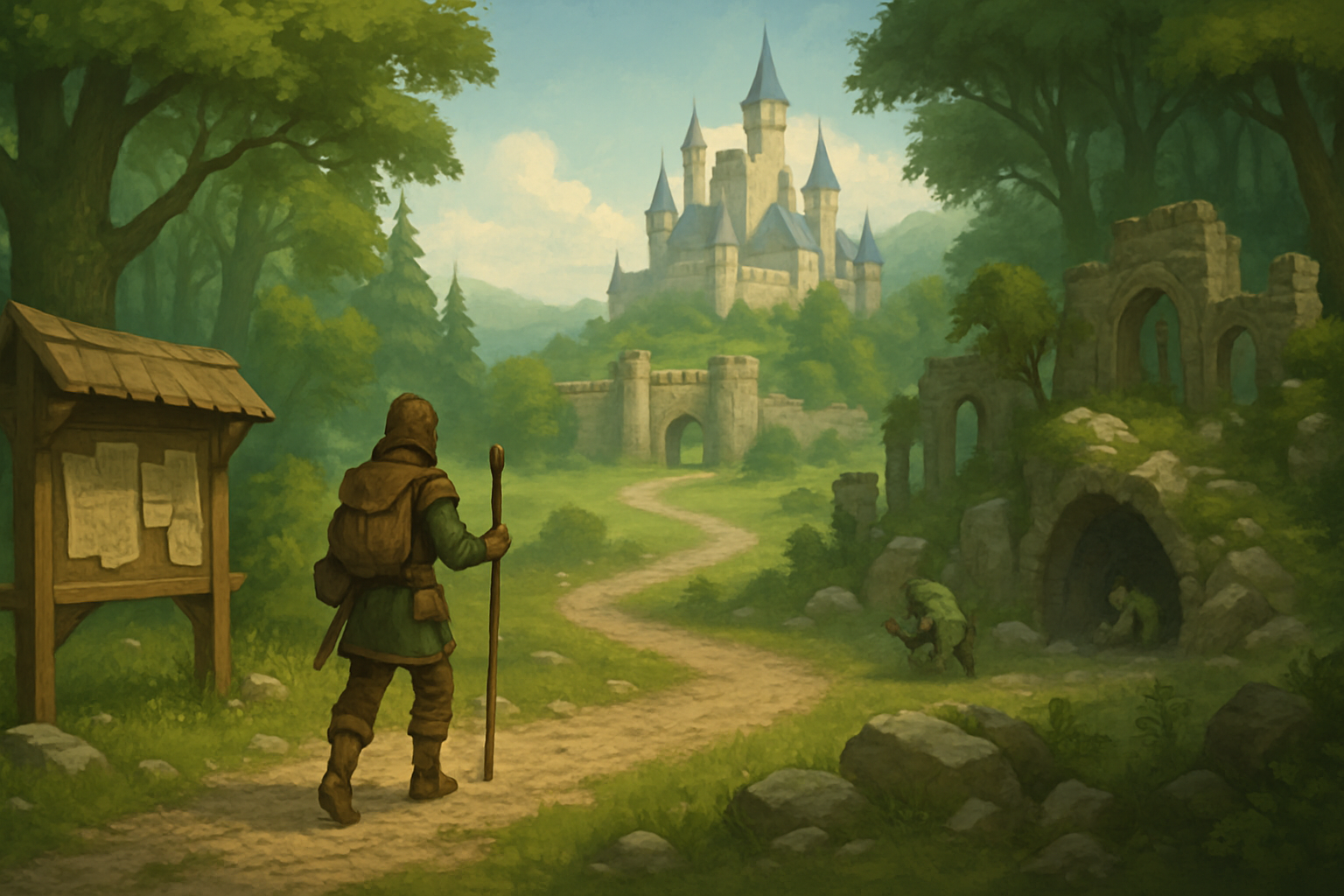 Ilustracja okładkowa: mapa fantasy dla graczy MMORPG online z bohaterem w podróży