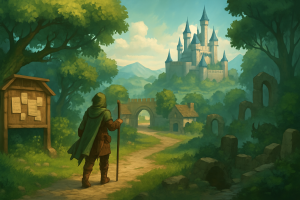 Ilustracja okładki - mapa fantasy i bohater na wyprawie w świecie MMORPG 2D