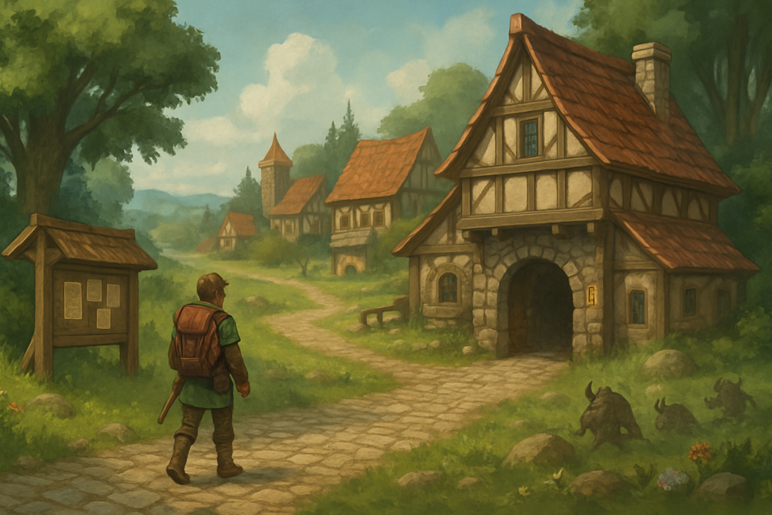 Okładka przedstawia fantasy świat MMORPG 2D: miasto, las i drogę bohatera