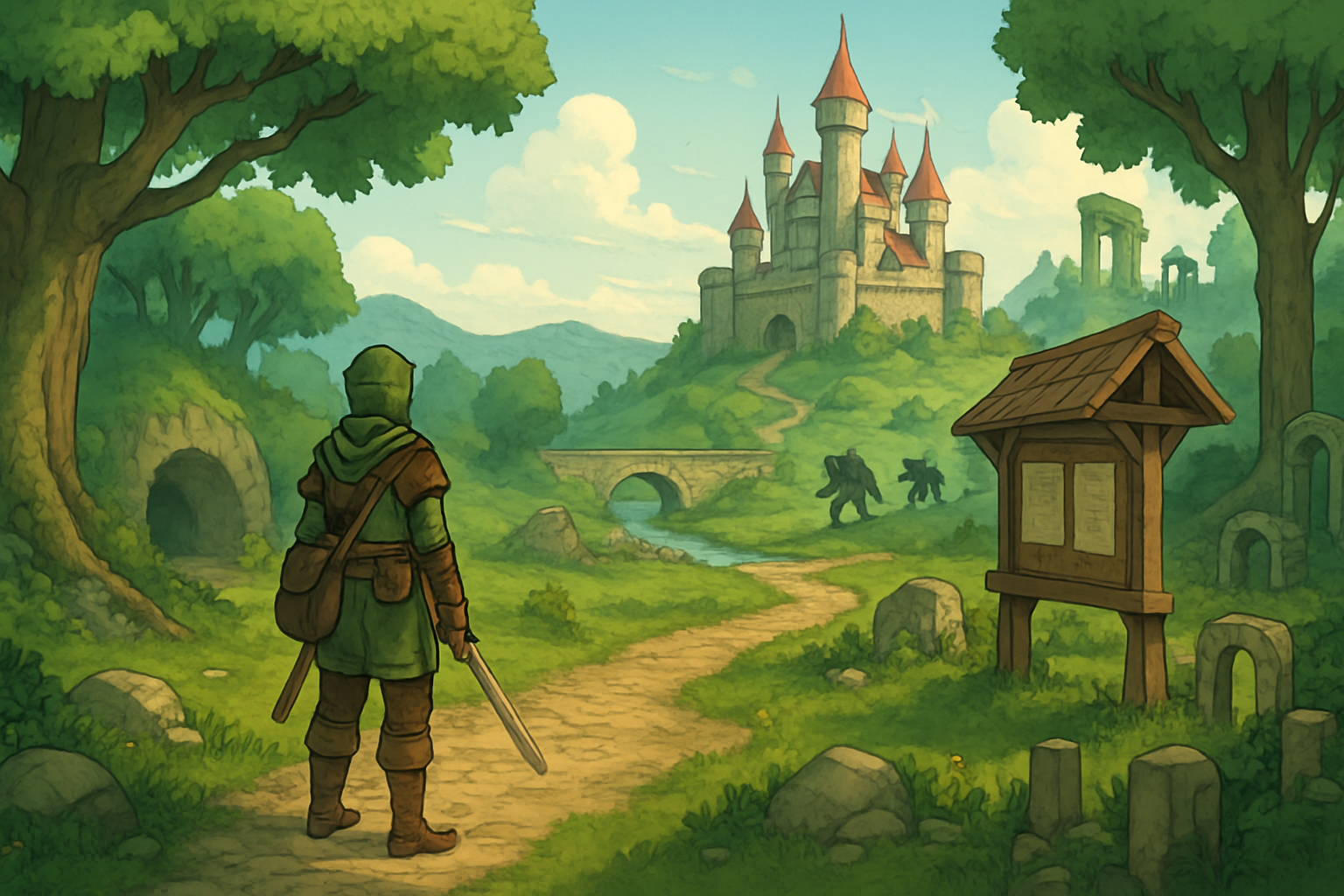 Ilustracja okładkowa: mapa krainy w klimacie fantasy MMORPG 2D z wędrówką i magicznym krajobrazem
