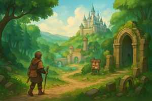 Okładka wpisu: magiczna kraina i postać podróżująca po świecie MMORPG 2D, z naprowadzającym klimatem fantasy.