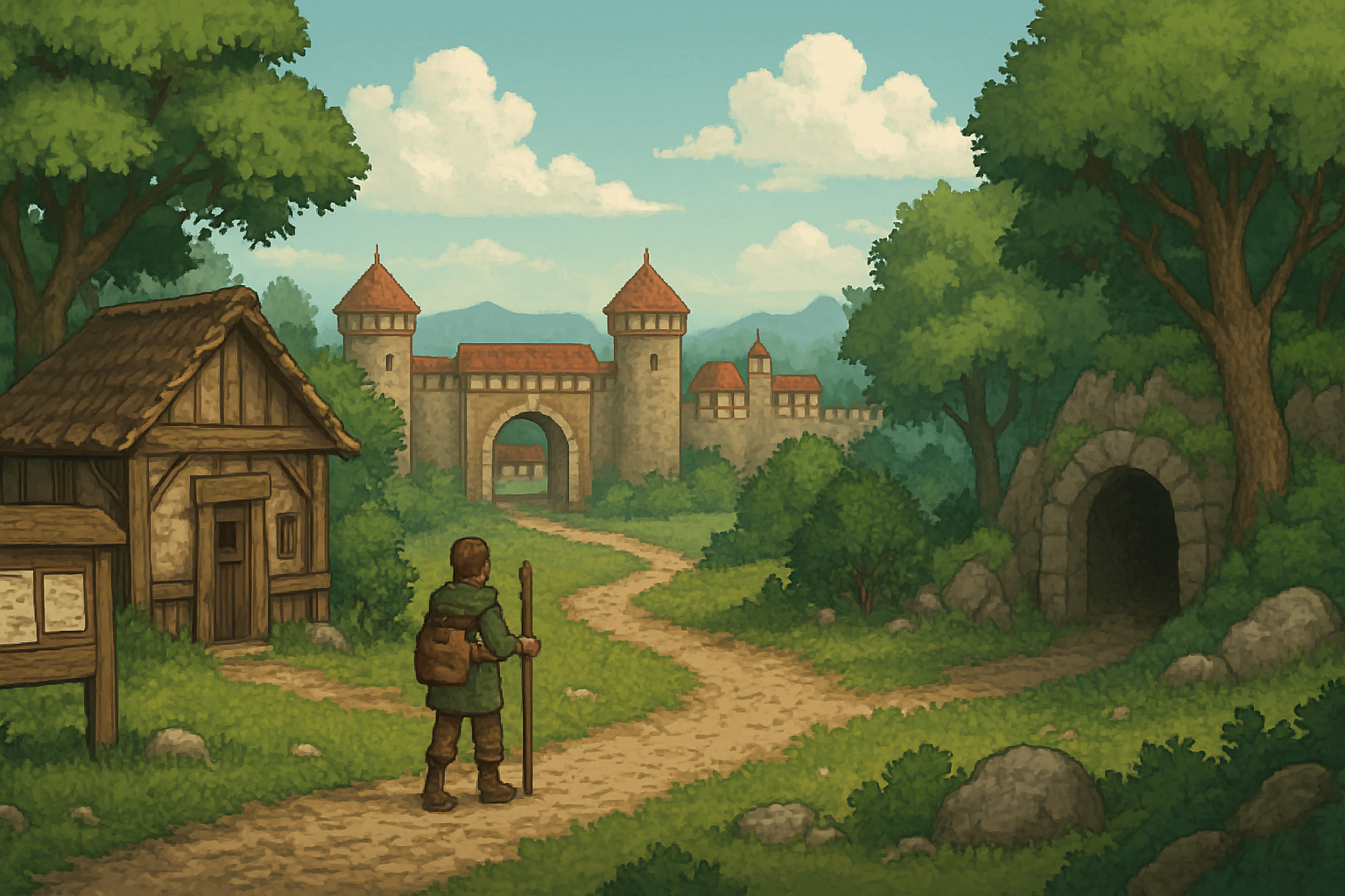 Okładka: mapa fantasy i podróżnik w świecie MMORPG 2D w stylu klasycznych gier