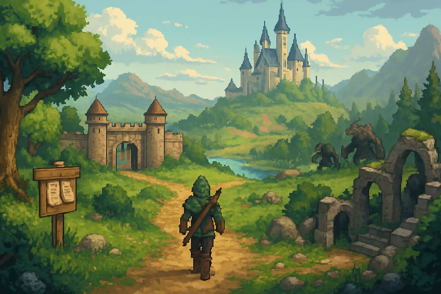 Okładka: mapa świata fantasy z postacią podróżującą przez las i miasto
