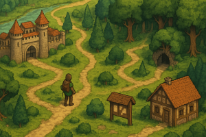 Okładka wpisu o kultowych grach MMO i klasycznym klimacie MMORPG: mapa fantasy i postać w podróży